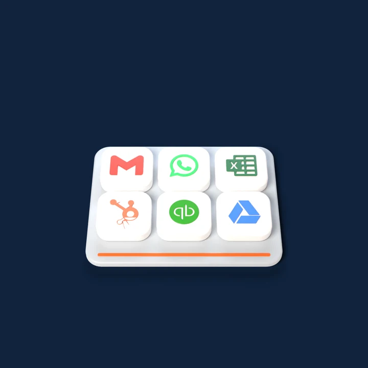 Gmail, WhatsApp, Excel, HubSpot, QuickBooks and Google Drive lie scattered, then click into place side by side on one base.