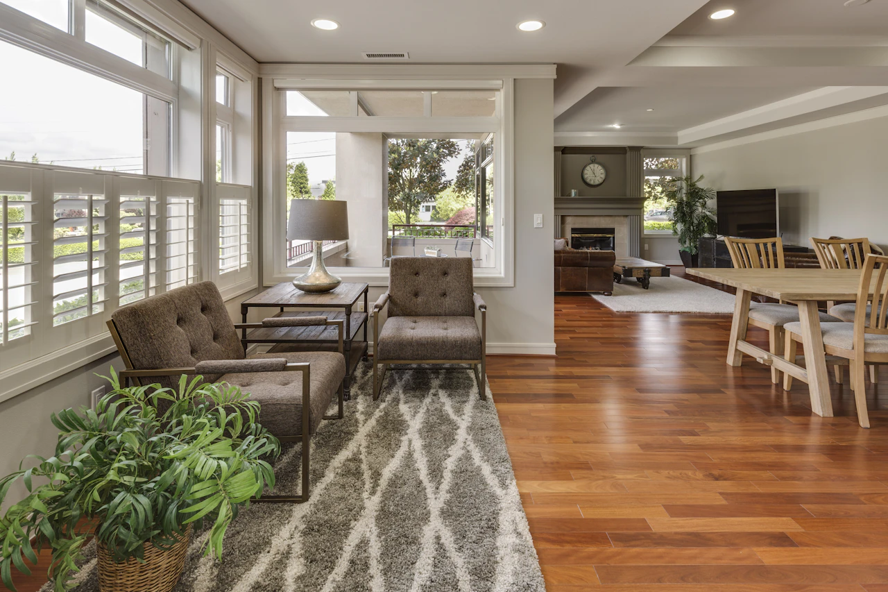 A light-filled residential living and dining room